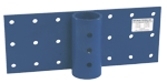 Blue metal bracket with white mounting holes and a central cylindrical support
