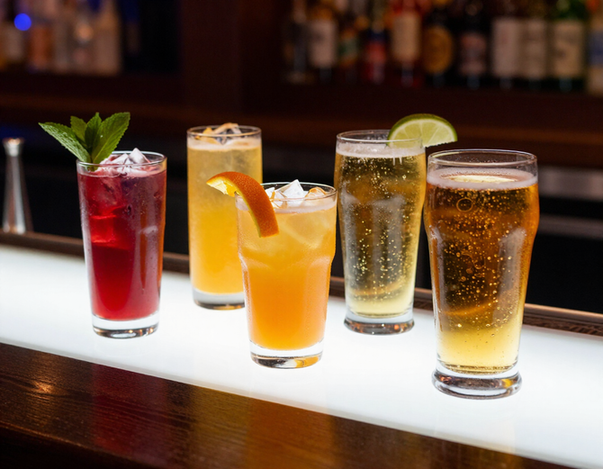Cocktails and beer served at a glowing bar counter.