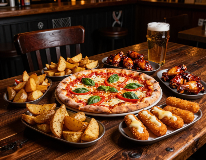 Bar food spread with appetizers and flatbread on a rustic table.