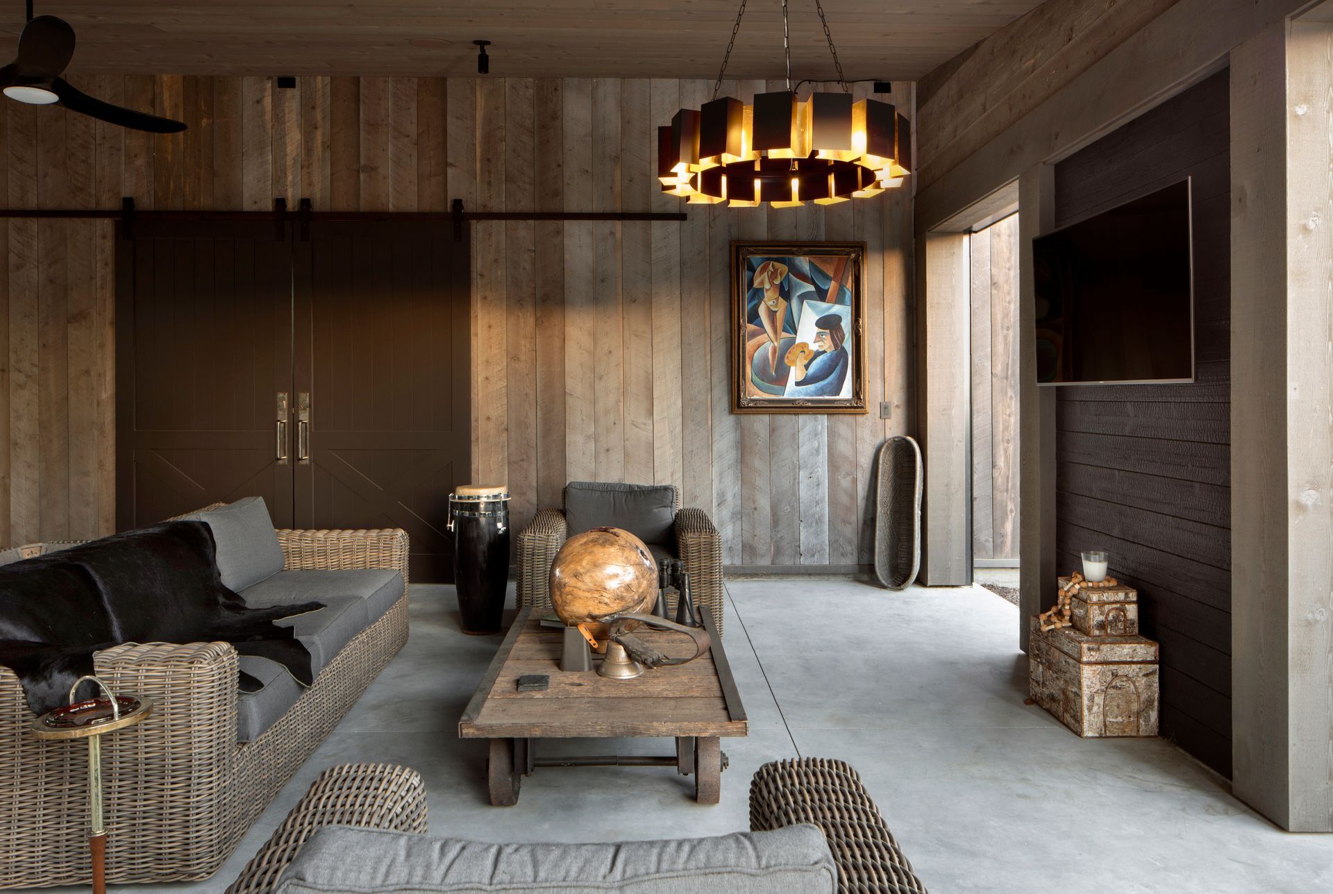 Living room with rustic wood paneling built by Nunley Custom Homes in Greenville, SC.e.