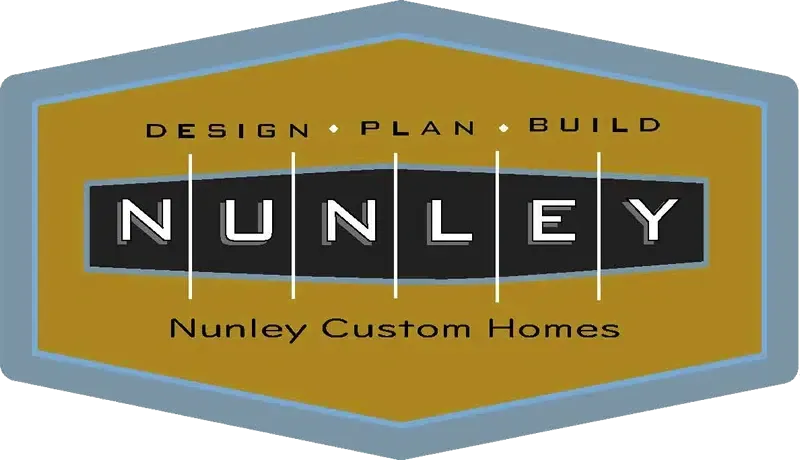 Logo for Nunley Custom Homes: gold and gray hexagon with text