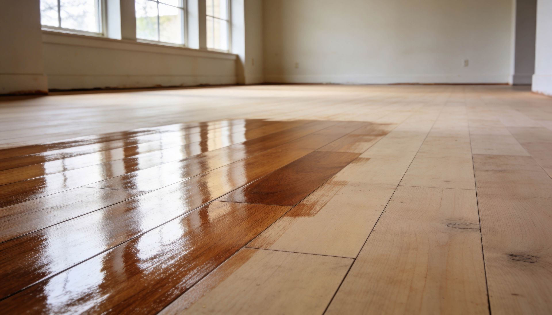 Hardwood floor refinishing in progress by expert flooring contractors for a smooth, shiny finish. Hardwood floor refinishing in progress by expert flooring contractors for a smooth, shiny finish.