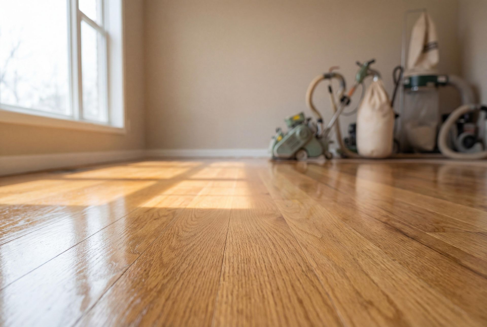 Hardwood floor refinishing results showing a high-gloss, polished light wood floor in a sunny room. Hardwood floor refinishing results showing a high-gloss, polished light wood floor in a sunny room.