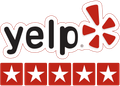 Yelp logo with five red stars, indicating a five-star rating.