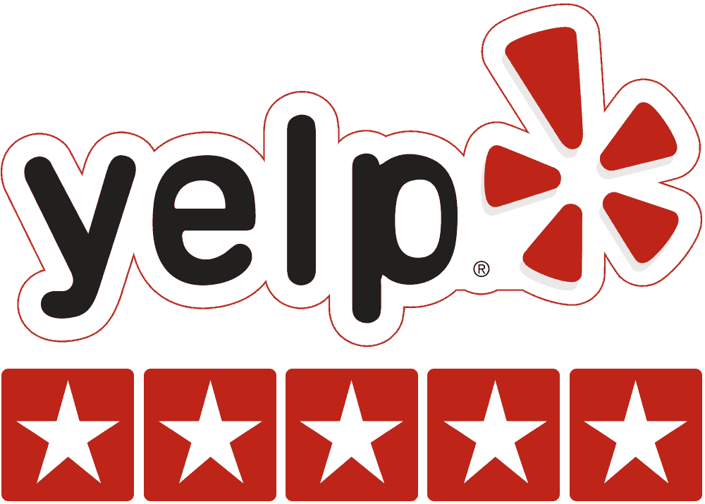 Yelp logo with five red stars, indicating a five-star rating.