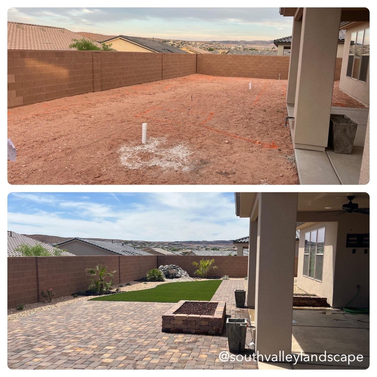 A picture of a backyard before and after being landscaped
