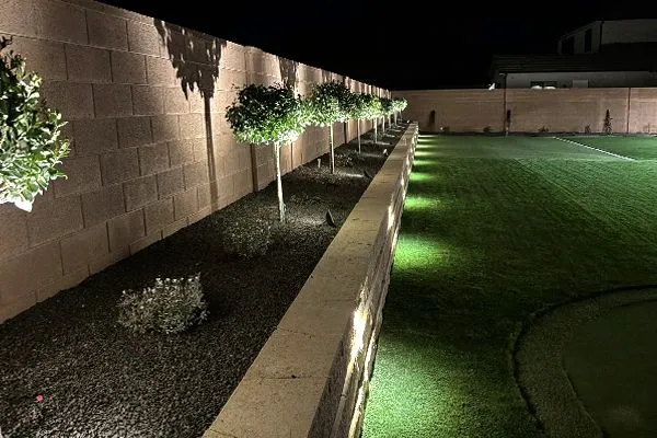 A nighttime view of a landscaped garden with illuminated trees and a stone retaining wall lighting the lawn.