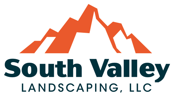 A logo for south valley landscaping llc with a mountain in the background