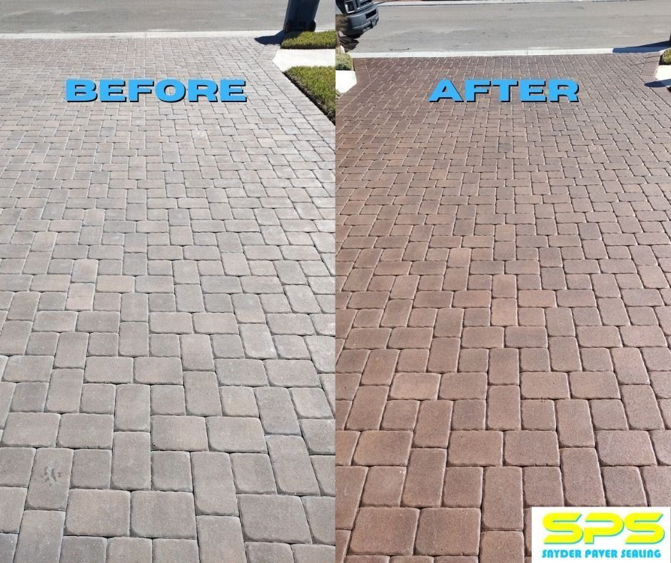 Side-by-side brick pavement before and after cleaning, with lighter left side and darker right side.