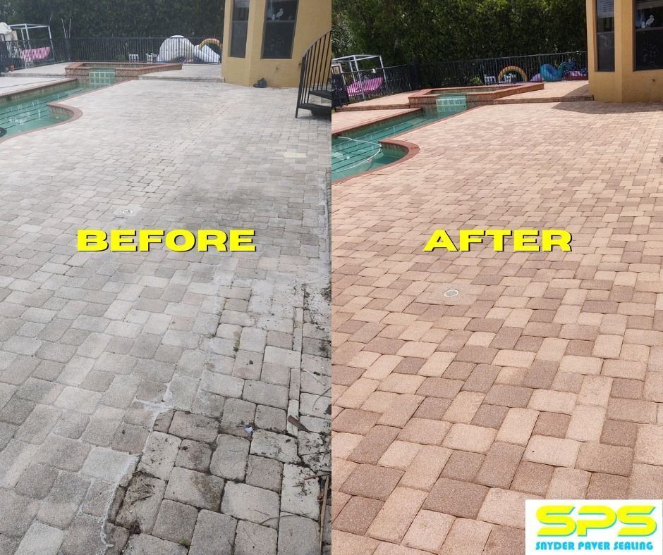 Poolside paver patio shown before and after cleaning, with gray stones on left and tan stones on right