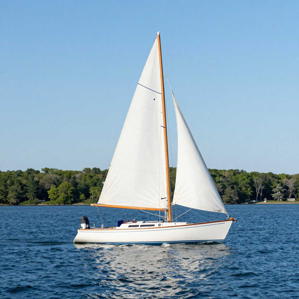 White sailboat on blue water with sails raised, near a tree-lined shore under clear sky