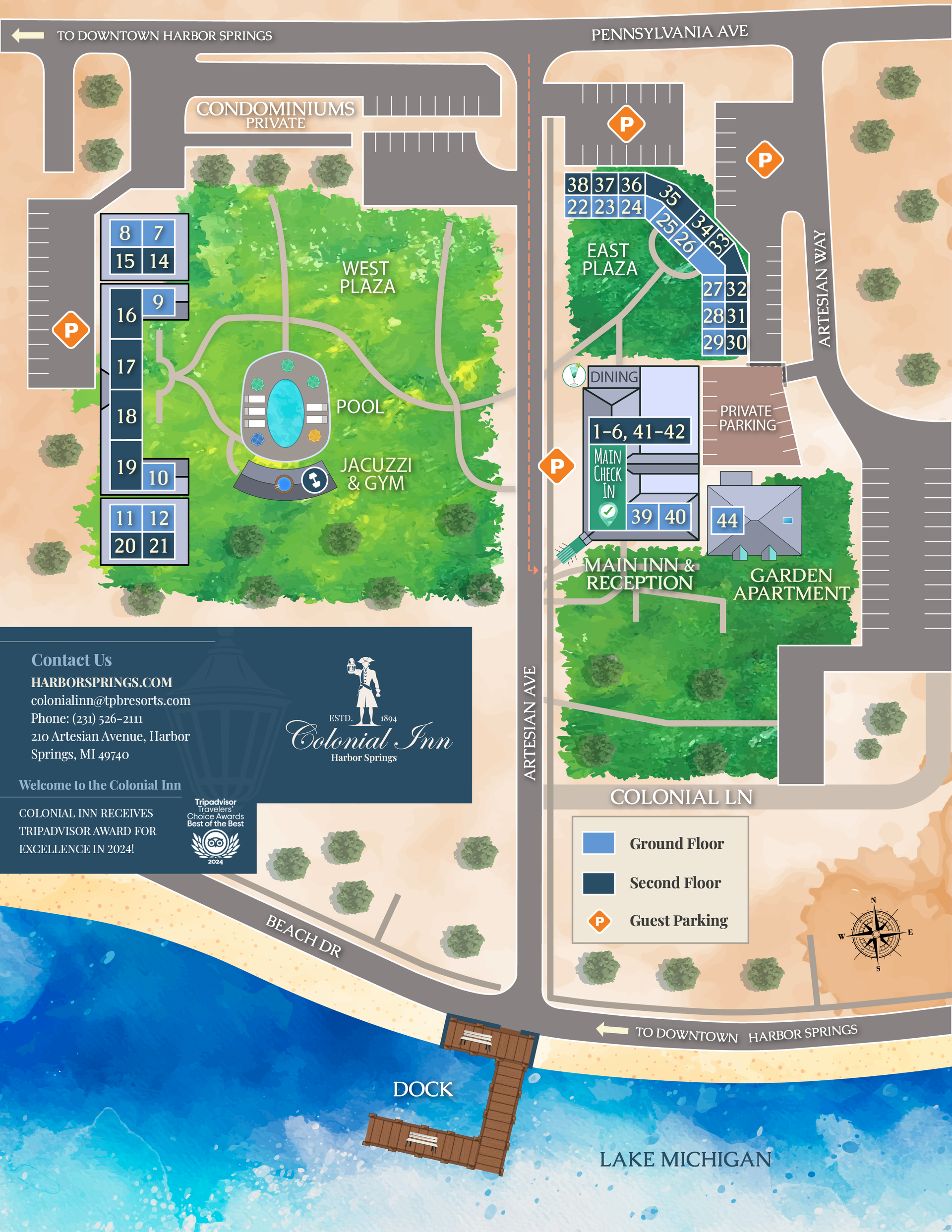 Colorful resort site plan with green courtyards, buildings, roads, and a beach along the waterline.