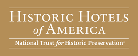 Historic Hotels of America logo with National Trust for Historic Preservation text on a tan background