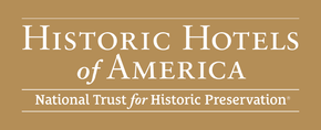 Historic Hotels of America logo on a tan background, with National Trust for Historic Preservation text
