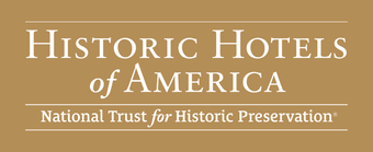 Historic Hotels of America logo on a tan background, with National Trust for Historic Preservation text