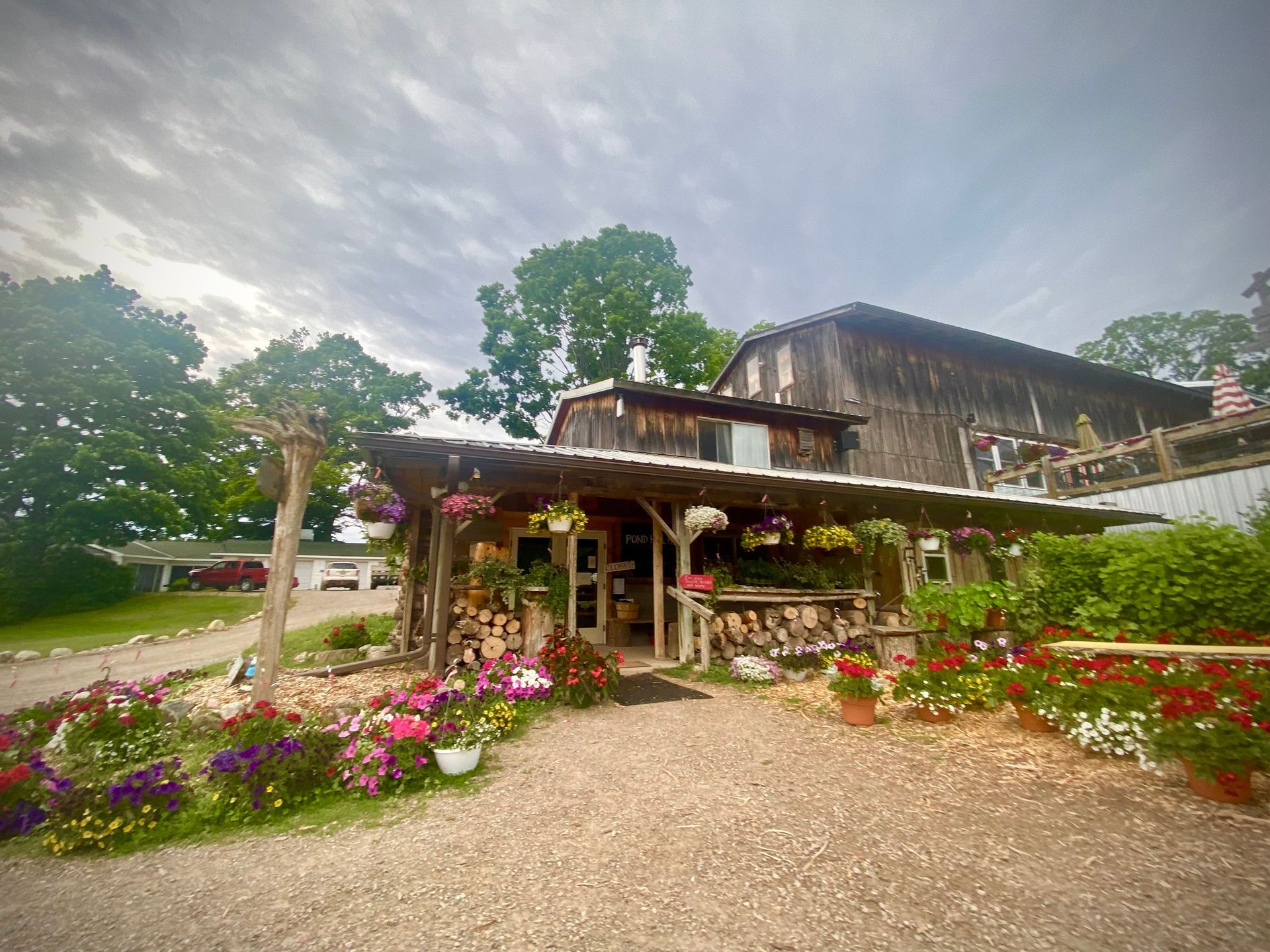 Rustic garden farmhouse with colorful flowers, gravel path, and wooden porch under a cloudy sky