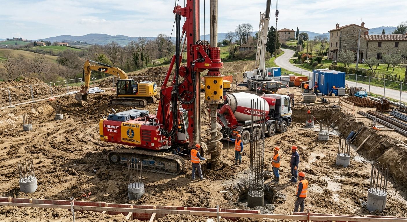 Cantiere con una perforatrice rossa, operai, un escavatore e macchinari tra scavi fangosi.