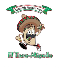 A cartoon of a taco wearing a sombrero and holding a drink with El Taco-Miendo underneath