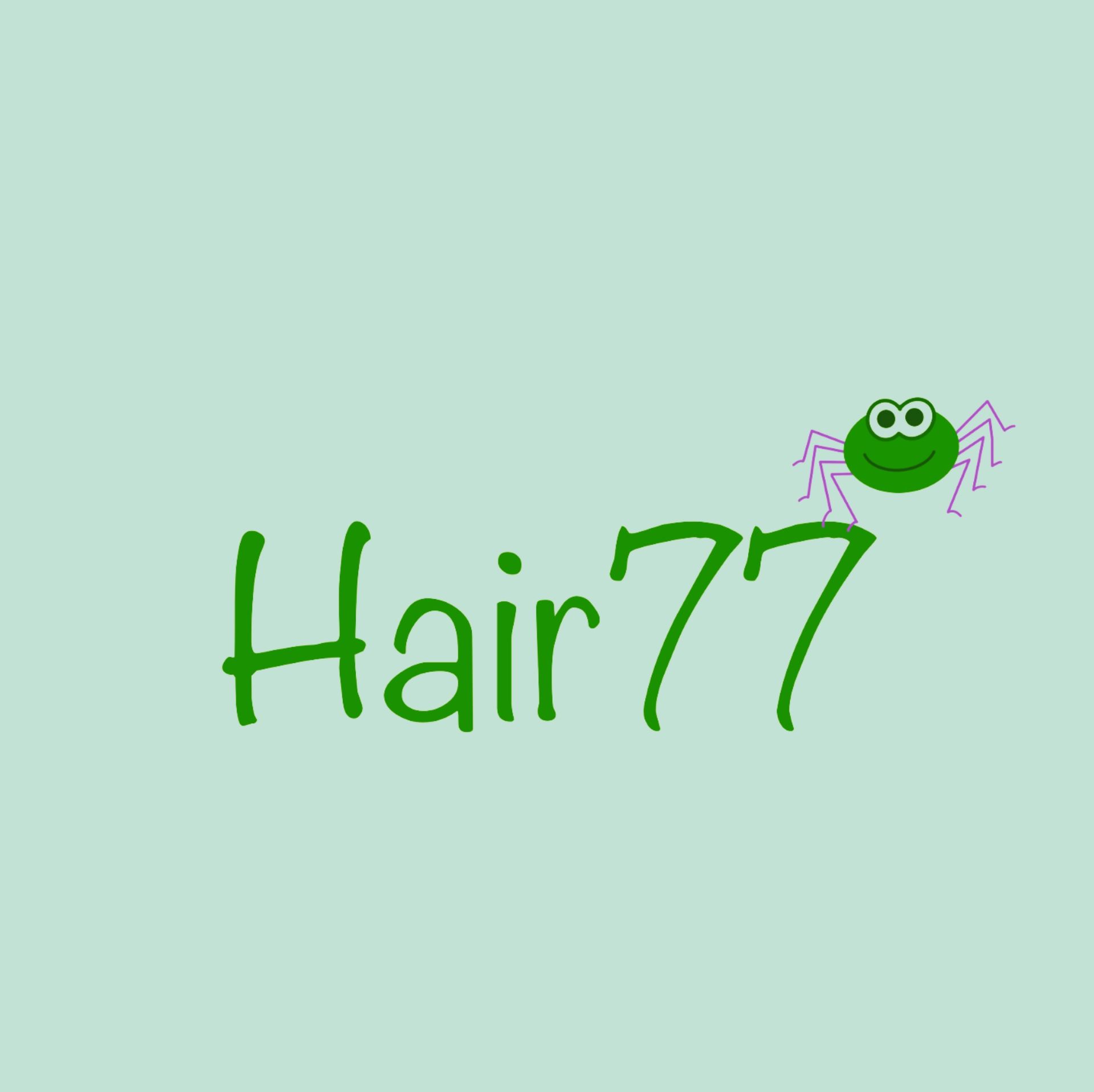 Groene tekst "Hair77" met een getekende groene spin op een lichtgroene achtergrond.