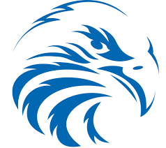 A blue eagle 's head is in a circle on a white background.
