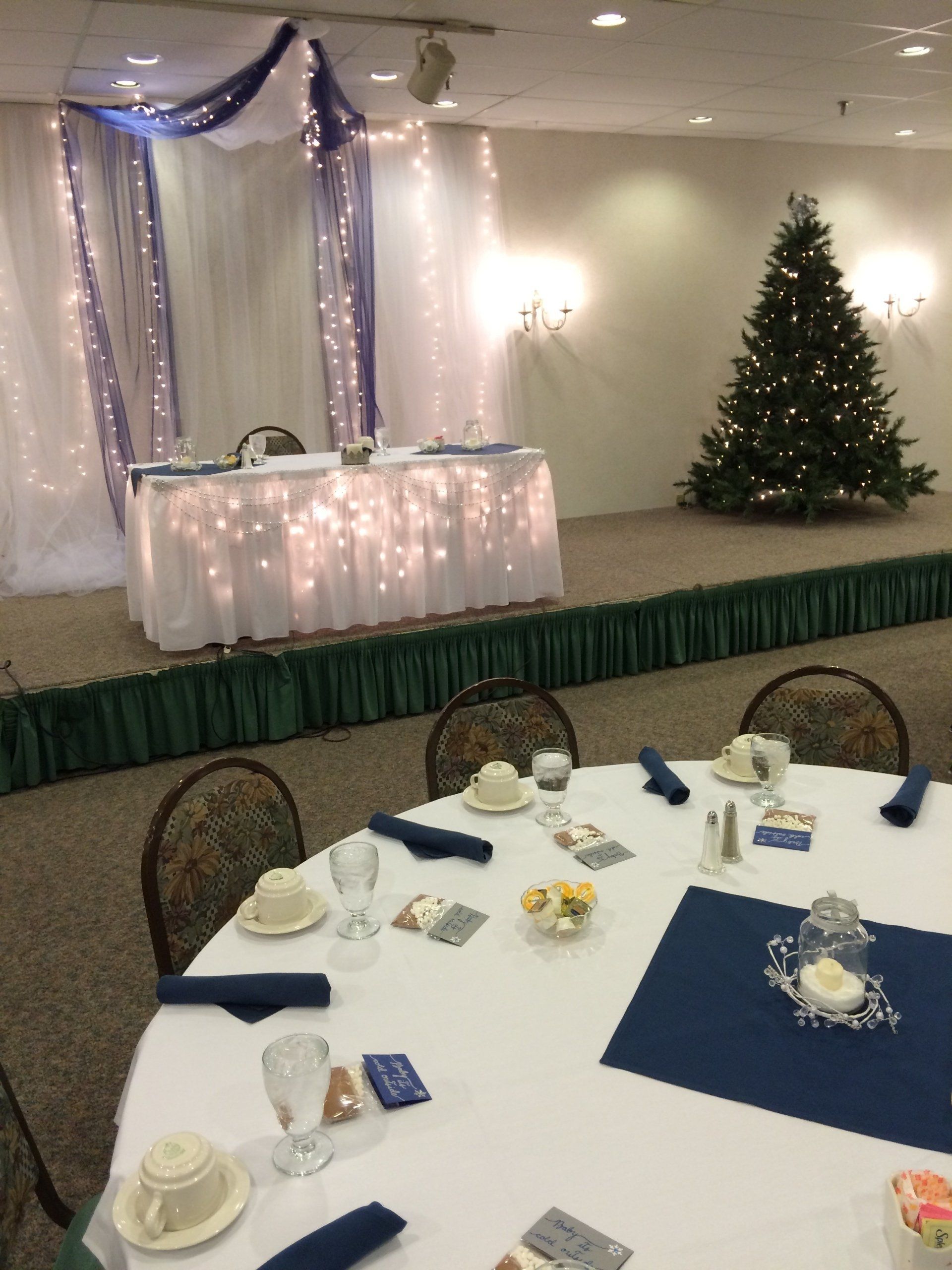 A table set for a wedding reception with a christmas tree in the background