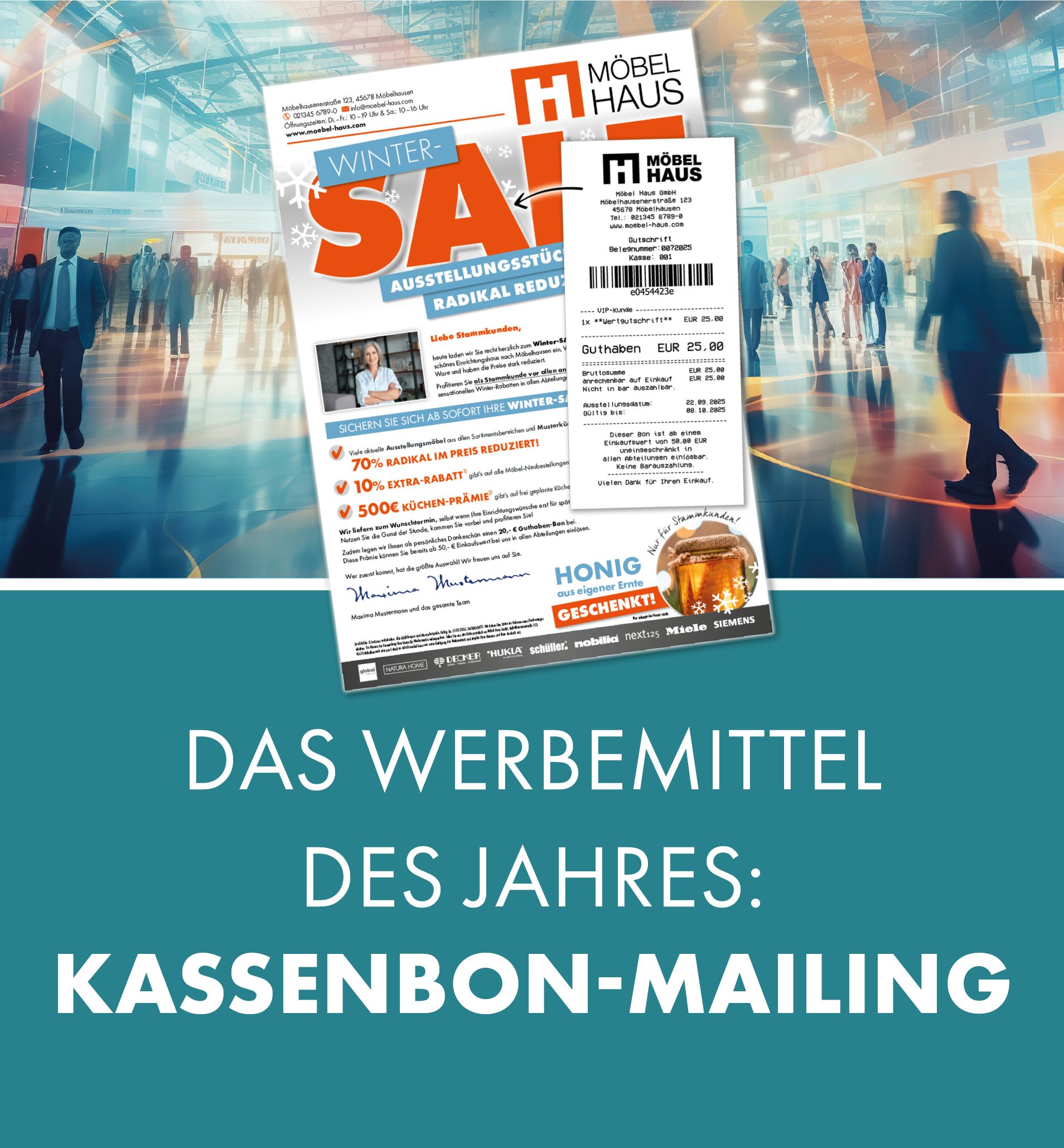 Kassenbon-Mailing im Möbelhandel: Winter-Sale-Mailing mit beigefügtem Kassenbon als Wertgutschrift