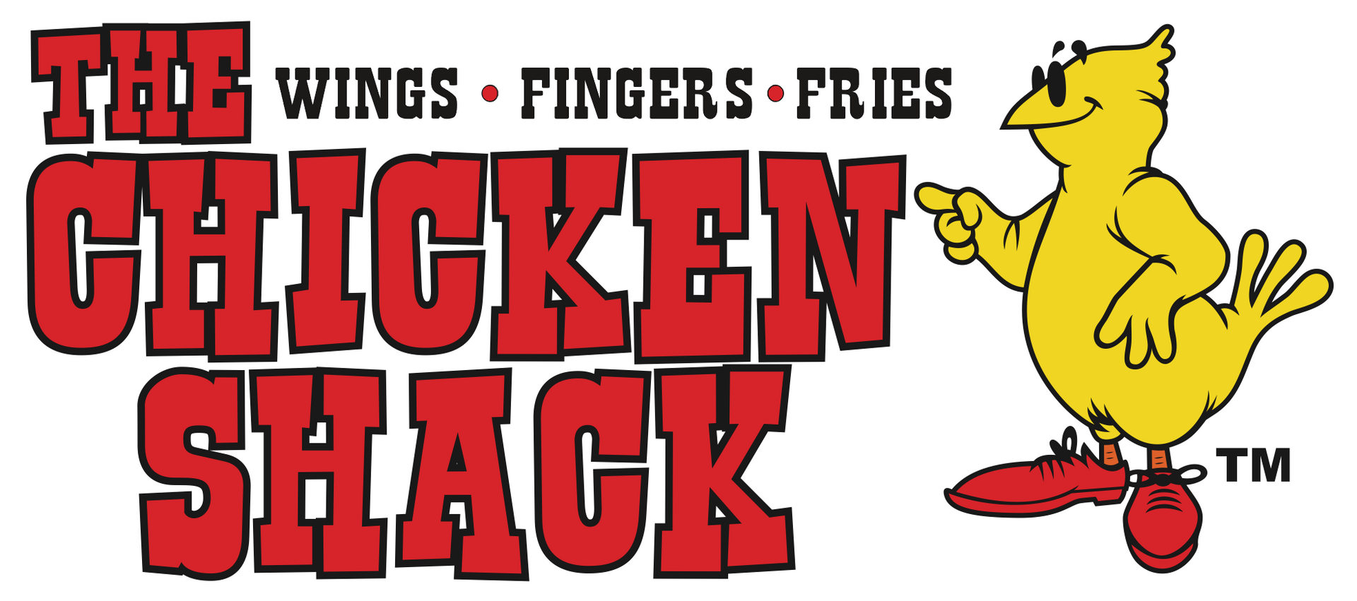 Logo for The Chicken Shack featuring red text and a yellow cartoon chicken wearing sunglasses and red sneakers.