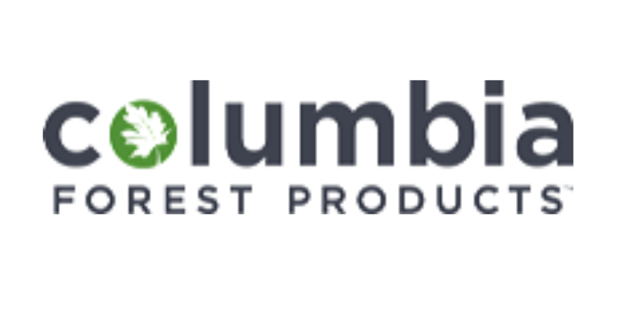 Logo for Columbia Forest Products, featuring the company name in dark gray with a green leaf icon inside the first 