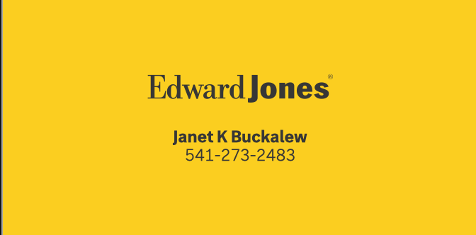 Edward Jones business card for Janet K. Buckalew, phone number 541-273-2483, on a yellow background.