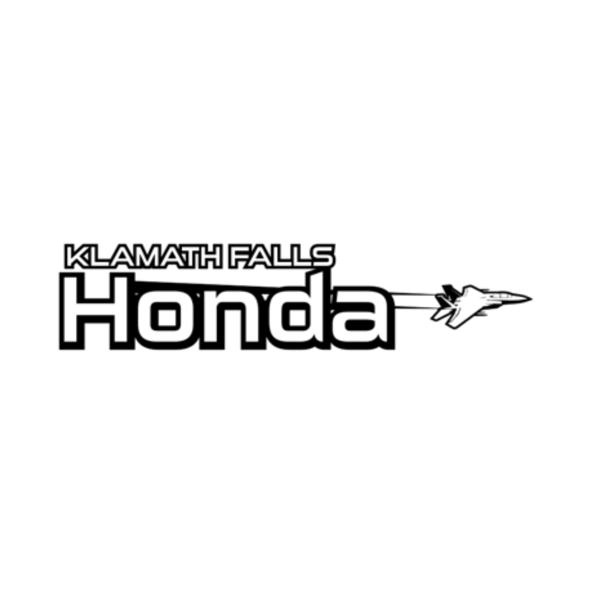 Logo for Klamath Falls Honda featuring the text with a fighter jet illustration flying to the right.
