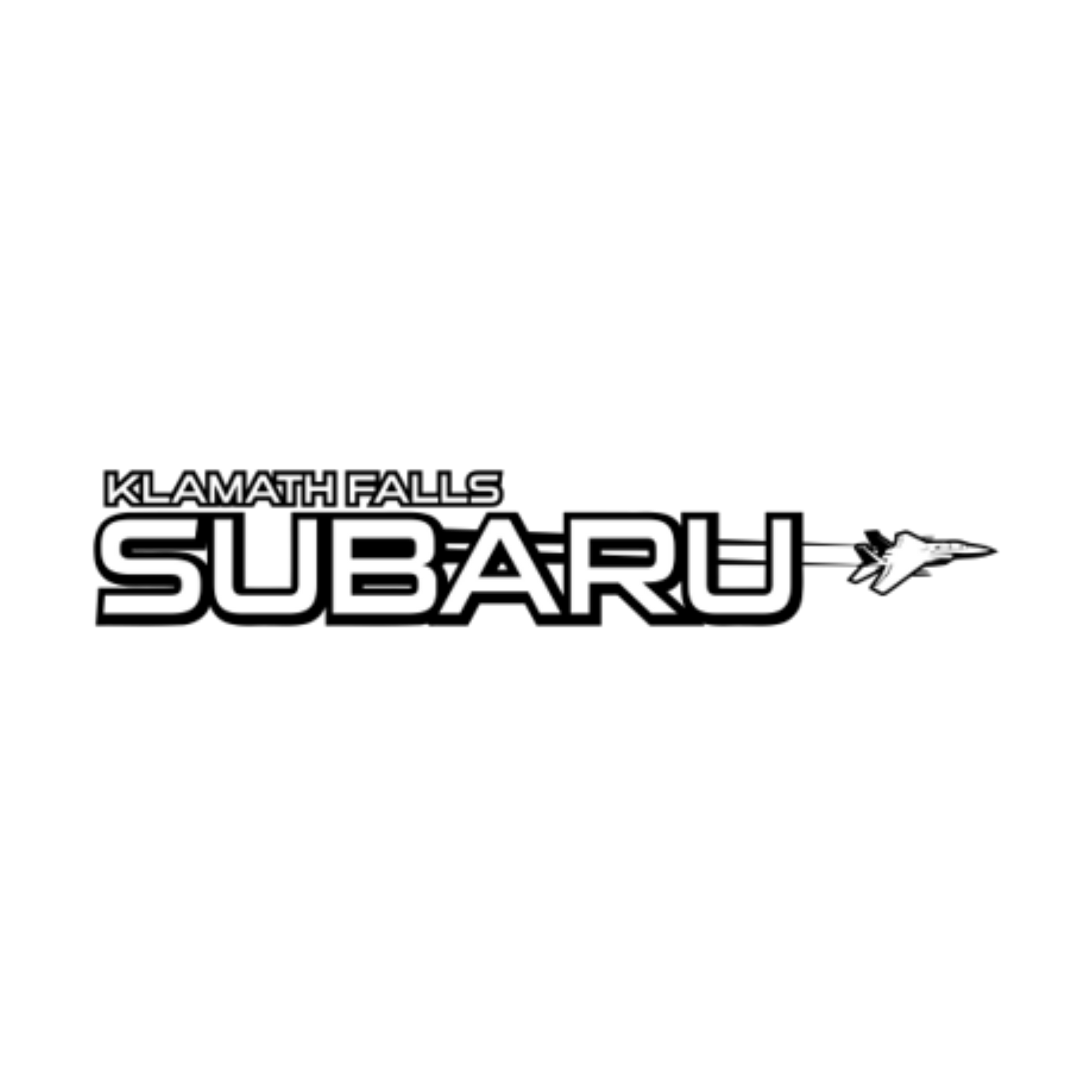 Black and white logo for Klamath Falls Subaru, featuring the text with a fighter jet icon trailing to the right.