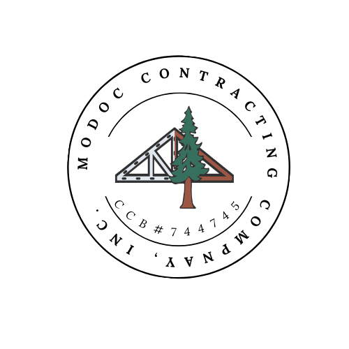 Logo for Modoc Contracting Company, Inc. featuring a pine tree overlaying a construction truss with CCB# 744745.