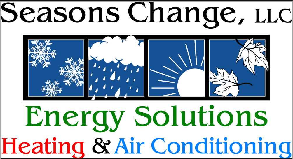 Logo for Seasons Change, LLC: four square icons representing winter, rain, summer, and autumn, with company text below.