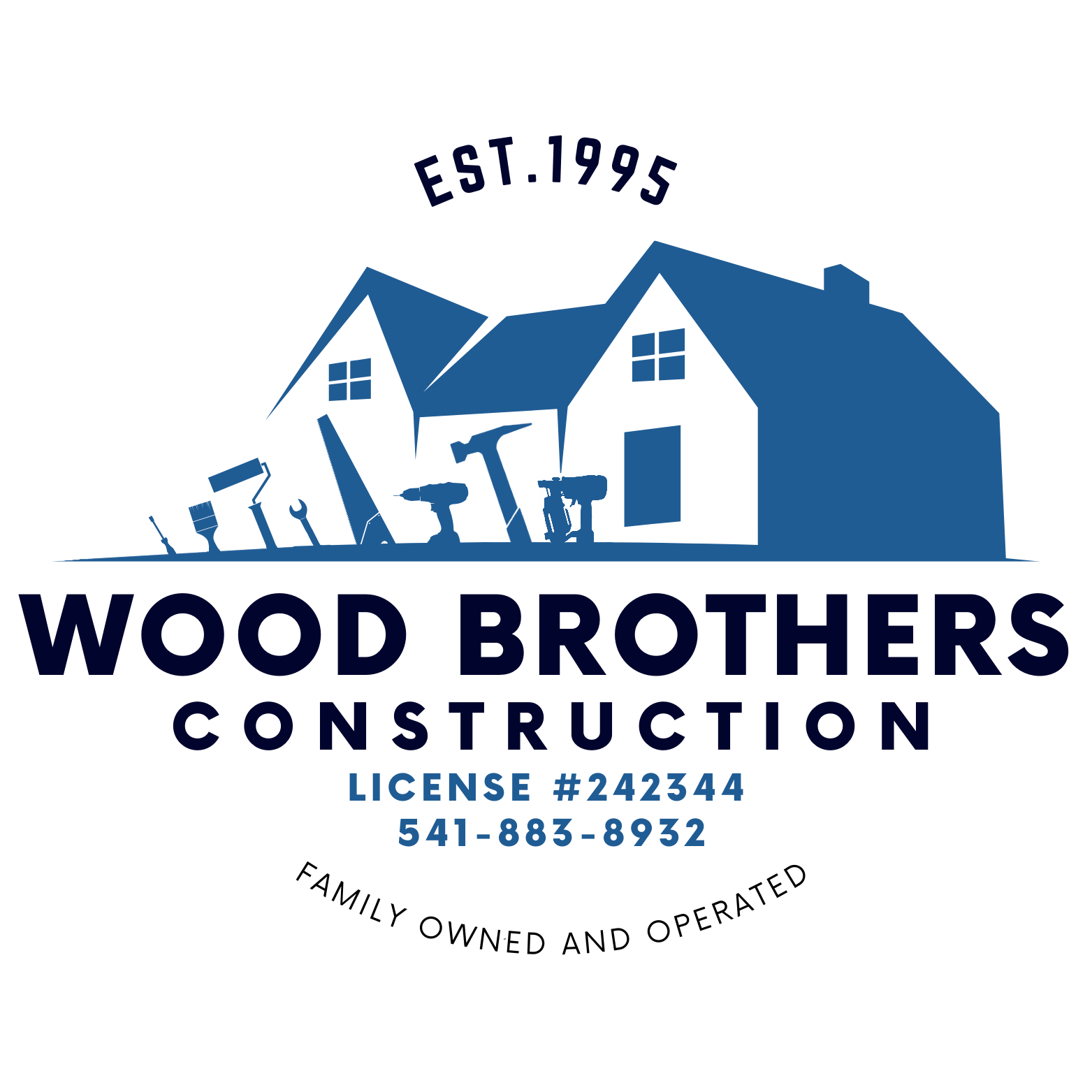 Blue logo for Wood Brothers Construction, featuring a house icon with tool silhouettes and contact information.
