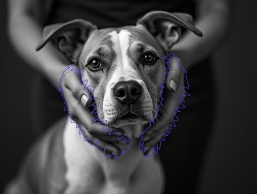 A black and white photo of a person holding a dog.