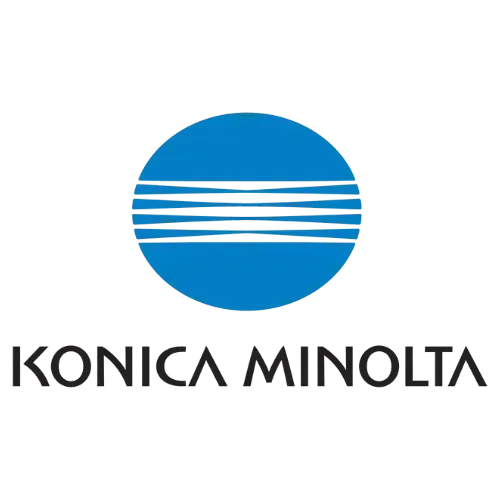 Logotipo da Konica Minolta: círculo azul com listras horizontais brancas acima de texto preto.