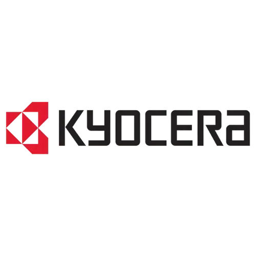 Logotipo da Kyocera com ícone geométrico vermelho e nome da empresa em preto sobre fundo branco.
