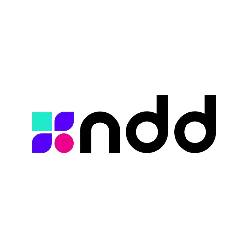 Logotipo da NDD em preto com ícone turquesa e roxo sobre fundo branco.