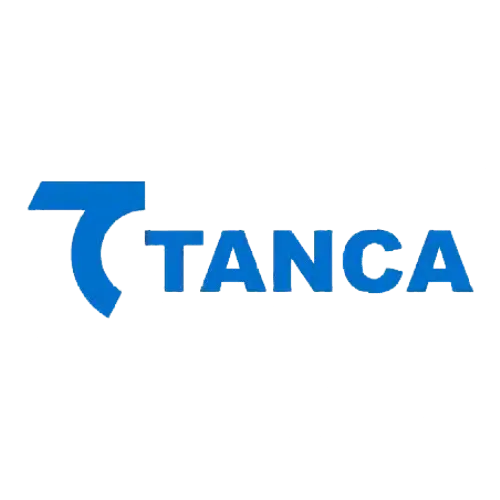 Logotipo azul da TANCA sobre fundo branco