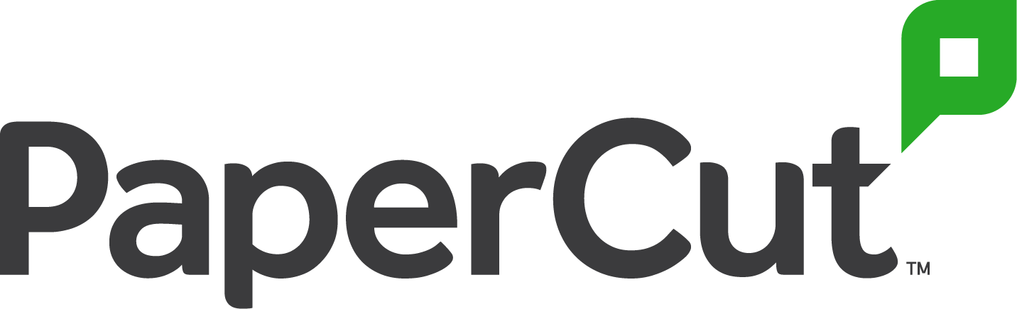 Logotipo da PaperCut com texto preto e um ícone de balão de fala verde.
