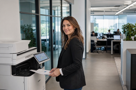 Mulher operando uma copiadora no corredor de um escritório moderno, segurando papéis e sorrindo.
