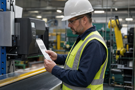 Operário de fábrica com capacete e colete de segurança analisando um documento ao lado de máquinas industriais.