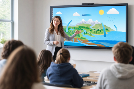 Professora apresentando uma aula colorida sobre paisagens em uma tela grande para alunos sentados em uma sala de aula.