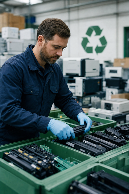 Operário com luvas azuis montando componentes eletrônicos em uma fábrica com bandejas verdes e equipamentos empilhados.