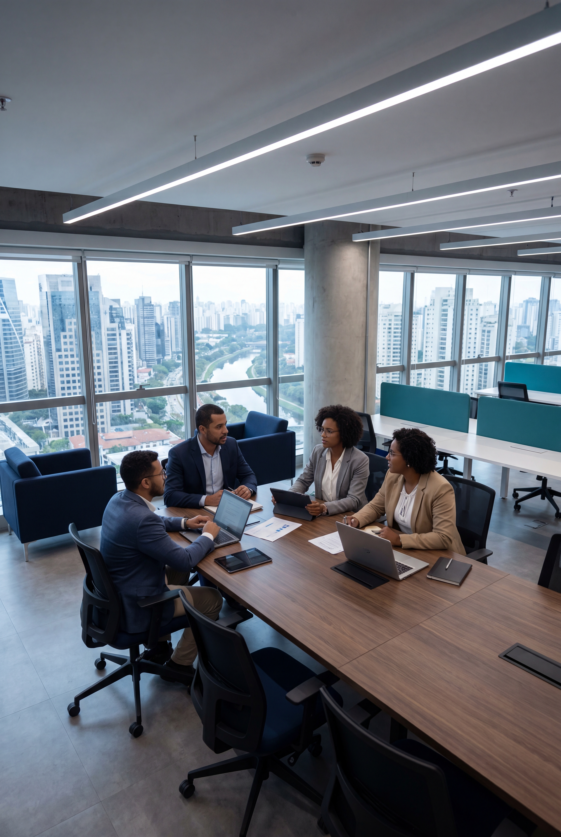 Reunião de negócios em torno de uma mesa de conferência em um escritório iluminado com vista para a cidade e laptops.
