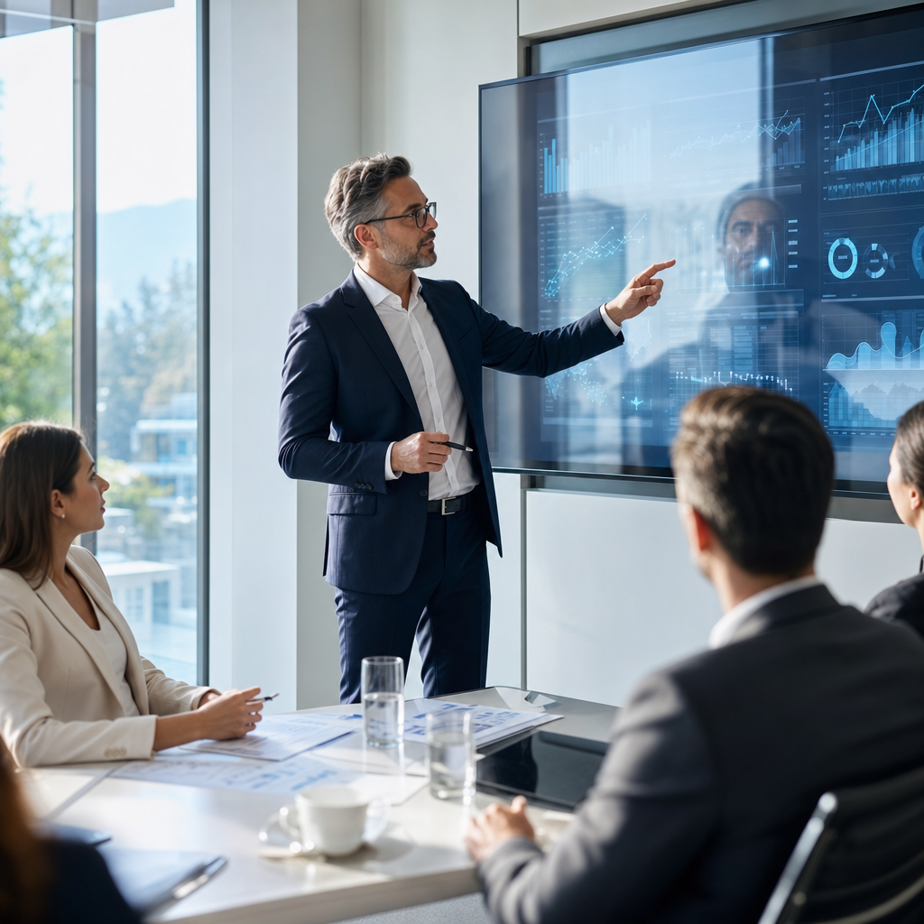 Reunião de negócios em uma sala de conferências bem iluminada.