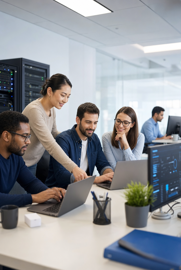 Equipe colaborando em torno de laptops em um escritório iluminado com racks de servidores ao fundo.