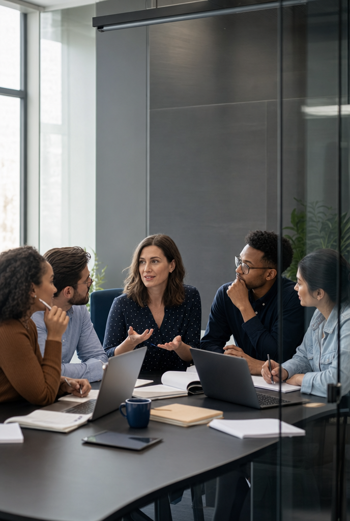 Pessoas em uma sala de conferências discutindo em torno de uma mesa com um laptop e cadernos.