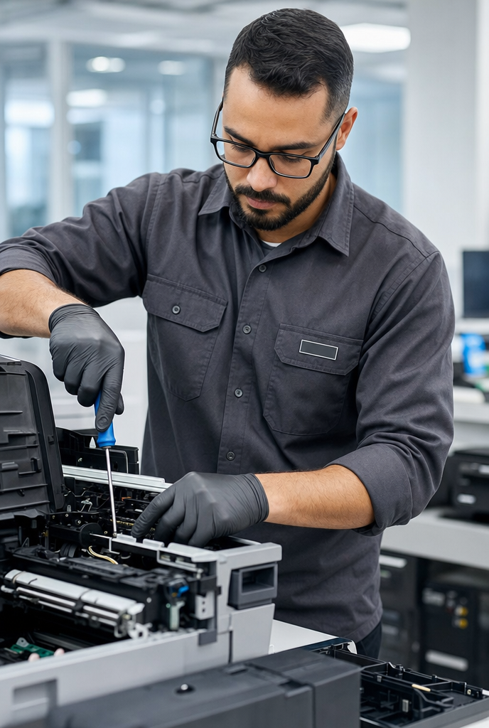 Técnico com luvas pretas montando hardware de computador em um laboratório ou oficina.