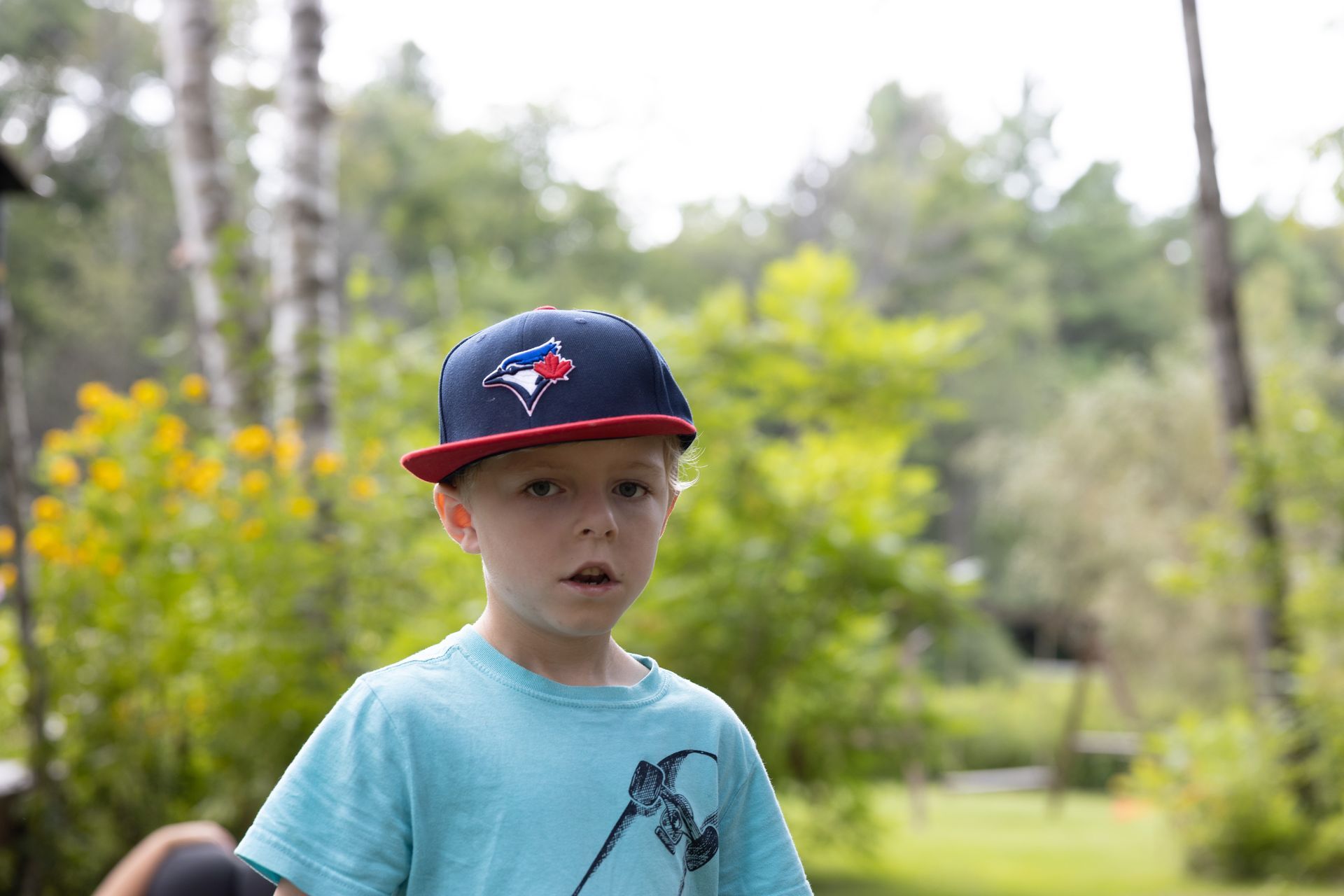 Boy wearing a blue and red baseball cap and light blue shirt in a natural setting.